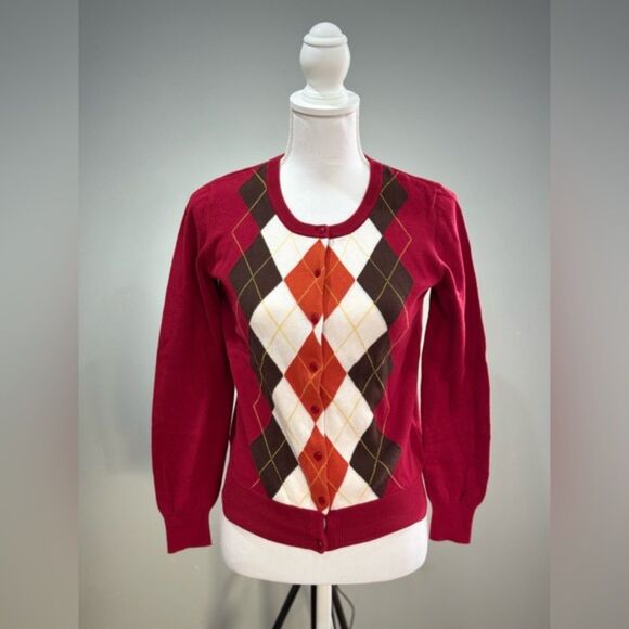 Red Talbots Outlet Argyle Cardigan Size XS EUC - Picture 1 of 5
